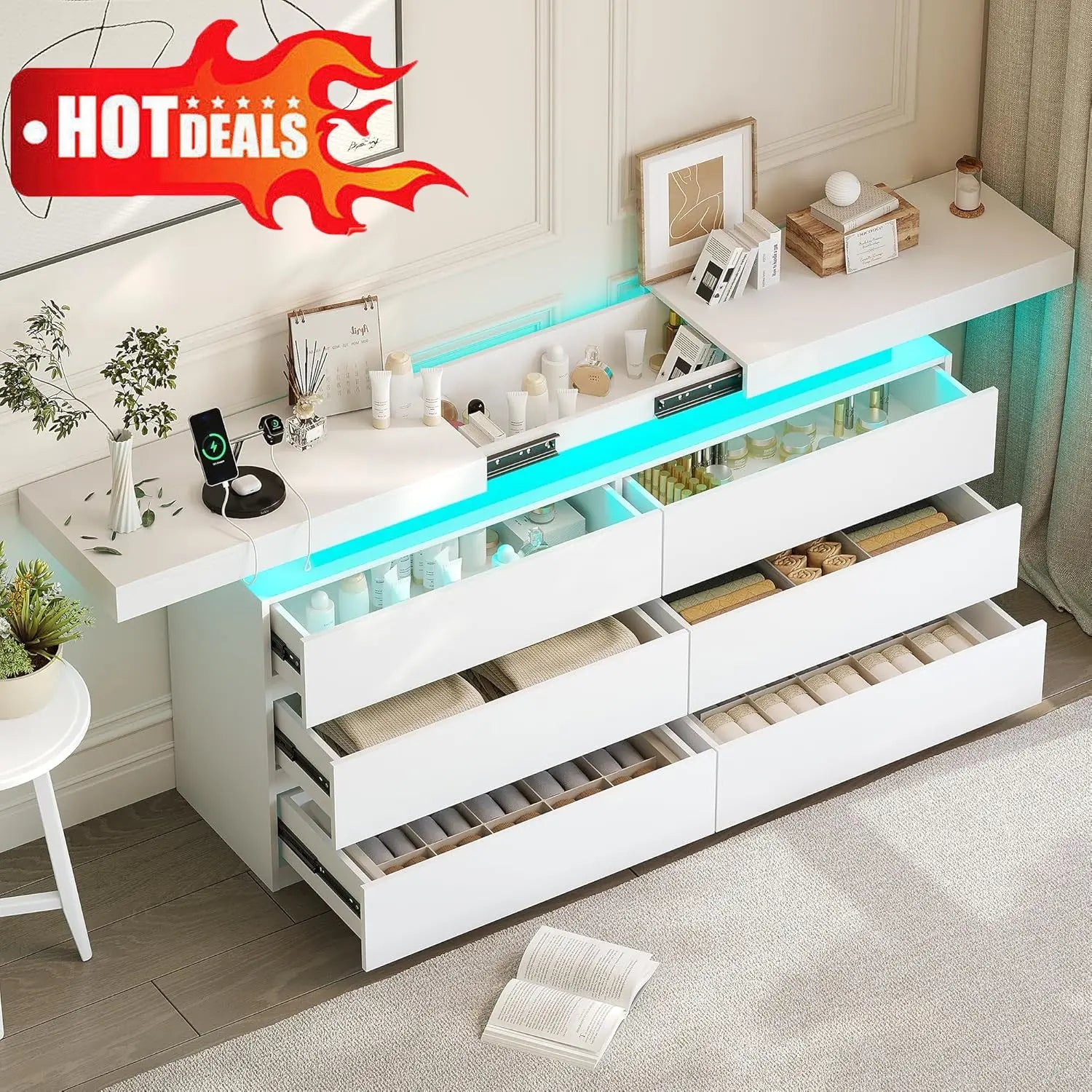 Modern 6-Drawer Dresser，White Storage Cabinet with LED Lights, Wide Chest of Drawers , Organizer for Bedroom,Living Room - Buy online at  Vibe In Cart.