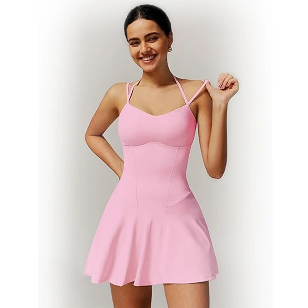 Womens Spaghetti Strap Tennis Dress with Built-in Shorts and Bra Golf Athletic Dress with Pockets