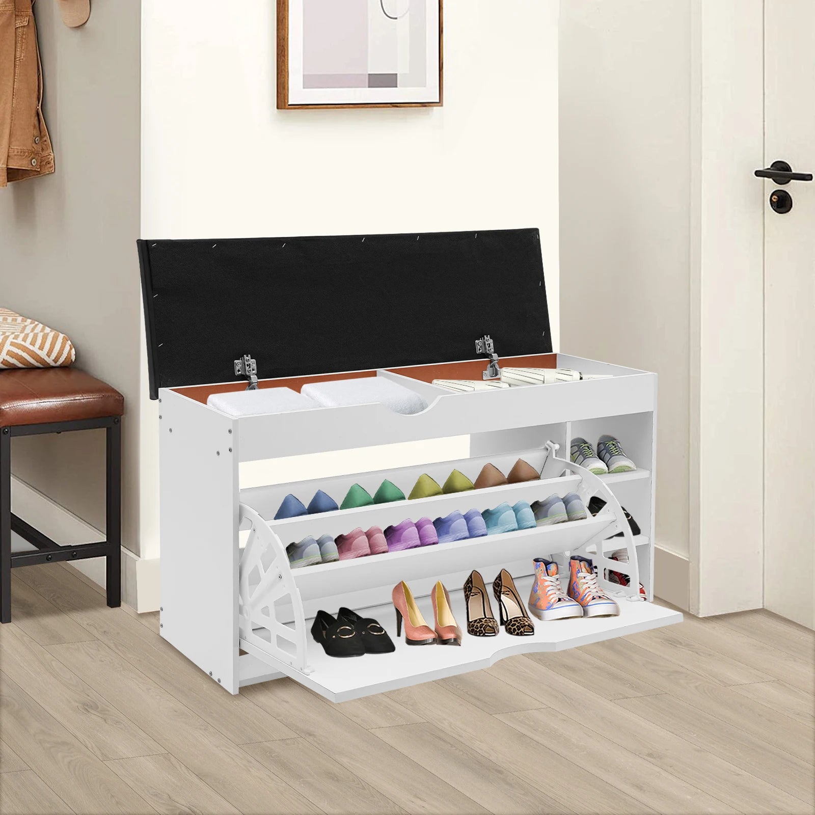 3-Tier Shoe Bench Rack W/Cushioned Seat Hidden Drawers Shoes Storage Cabinet for Home Entrance - Buy online at  Vibe In Cart.