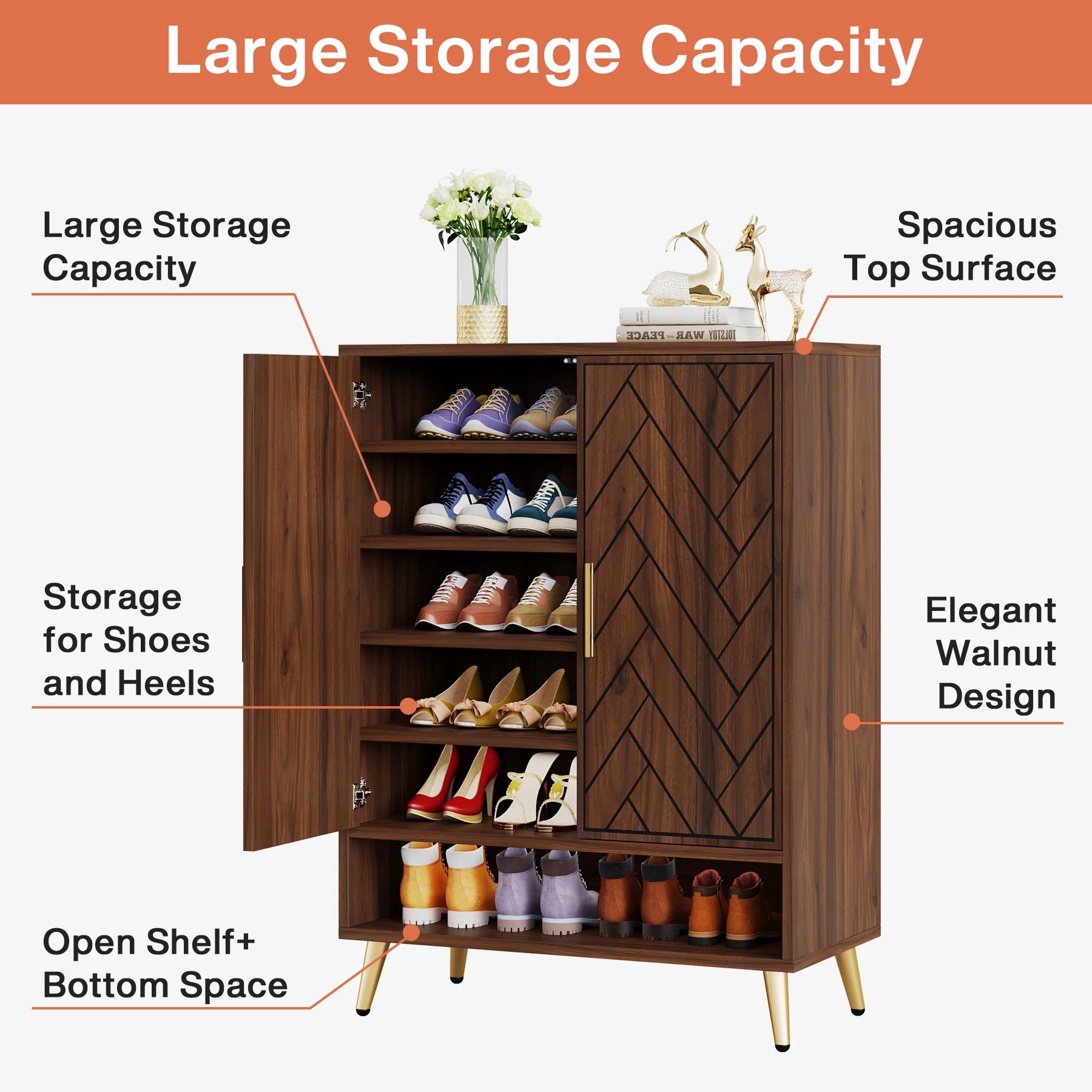 Tribesigns 6-Tier Shoe Cabinet with Doors, Walnut Wooden Shoe Storage Cabinet with Adjustable Shelves for Entryway - Buy online at  Vibe In Cart.
