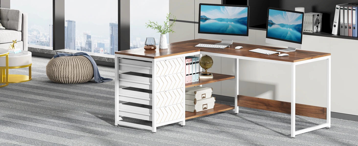 Tribesigns L Shaped Computer Desk with Storage Drawers, 59 inch Corner Desk with Shelves, Reversible L-Shaped Office Desk Study - Buy online at  Vibe In Cart.