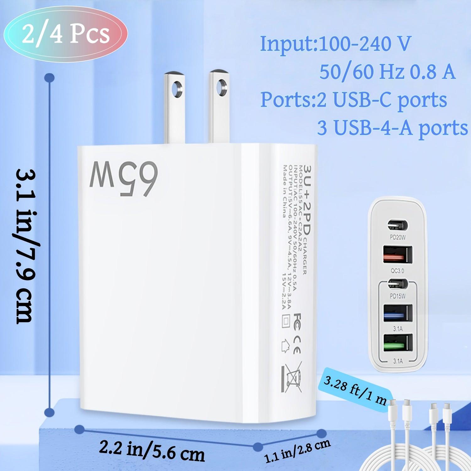 2/4pcs 20W USB C Fast Charger, Wall Charger Block, 5 Port Power Adapter with Data Cable, Compatible with Various Types Of Mobile Phones, White(The Five Ports Add Up to 65W) - Buy online at  Vibe In Cart.