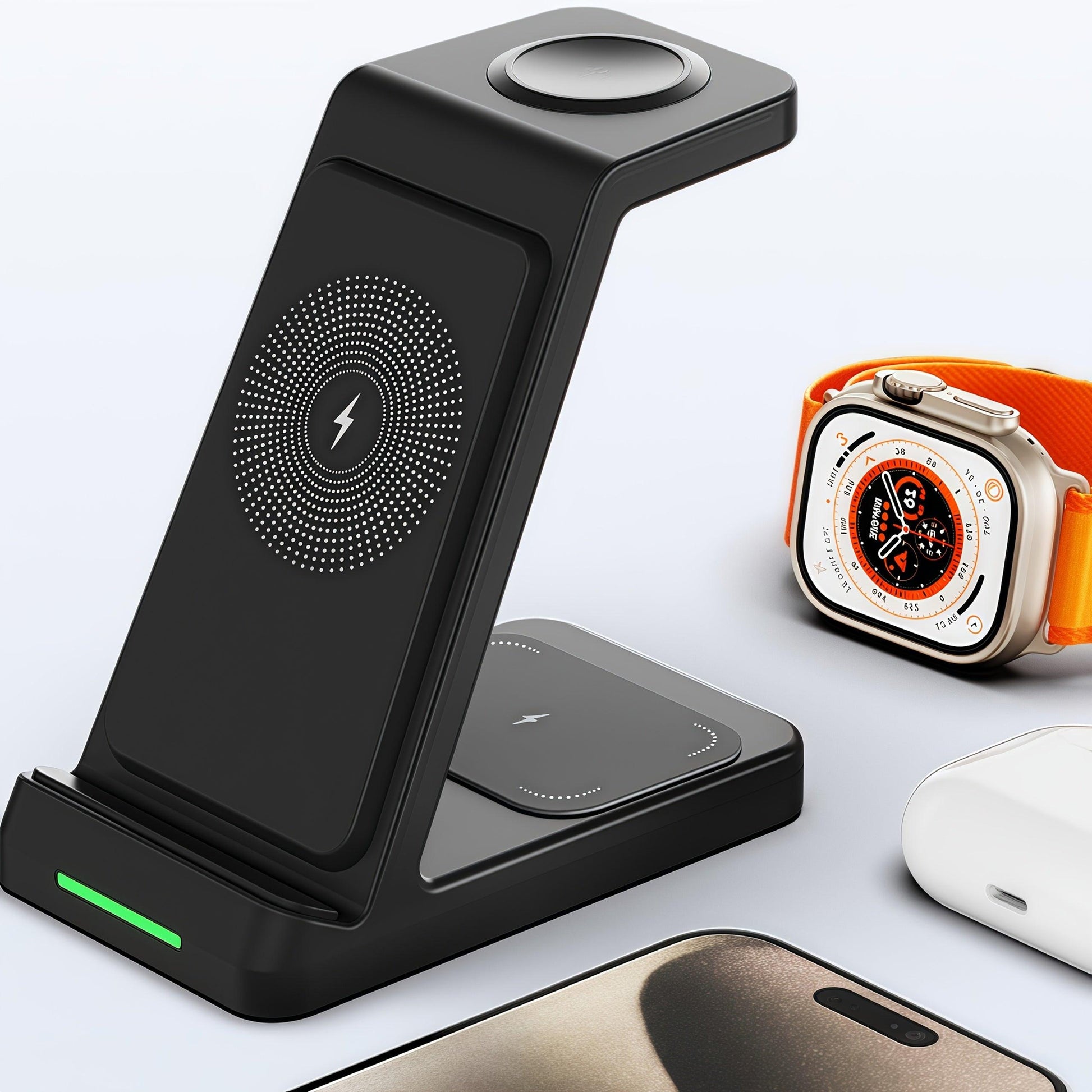This Is a 3-In-1 Wireless Charging Station That Offers a 15W Fast Charging Capability. It Is Compatible with Iphone Models 16, 15, 14, 13, 12, 11, X, 8 Pro Max/Pro/Mini/Plus, As Well As The Iwatch Ultra 10/9/8, 7/6/5/4/3/2 SE - Buy online at  Vibe In Cart.