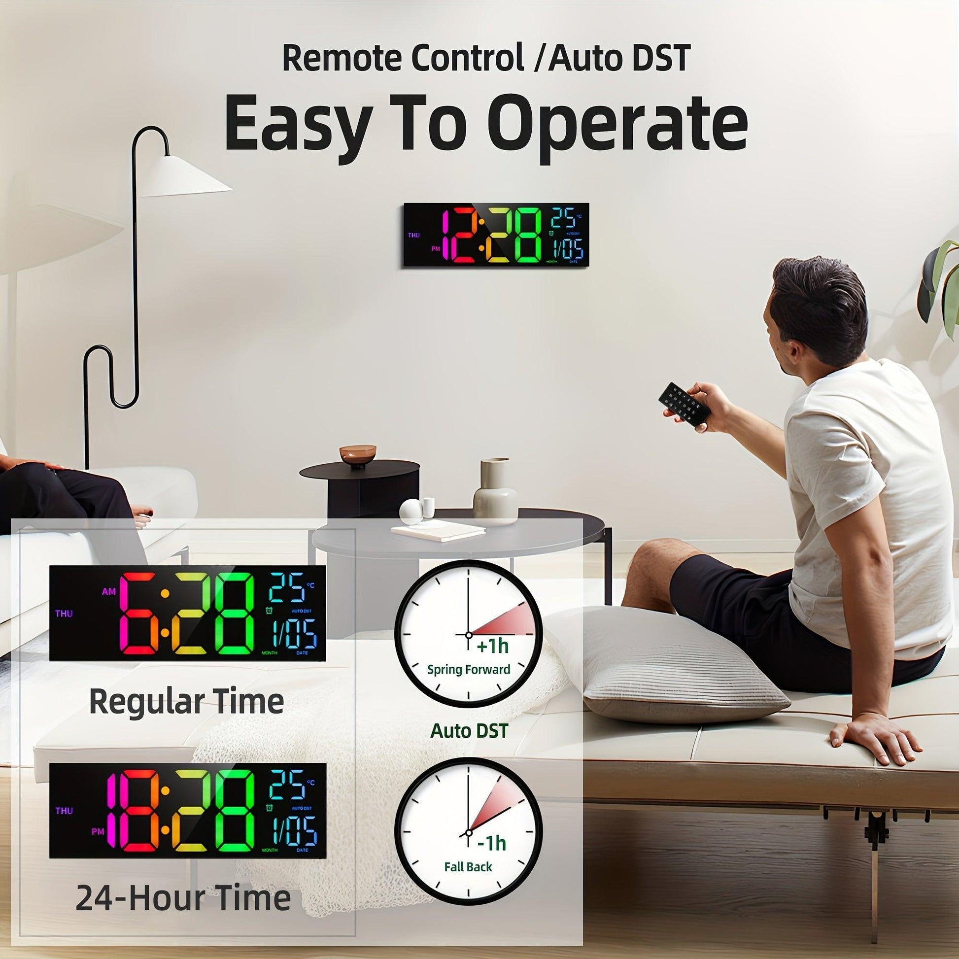 16.2'' Large Digital Wall Clock with Remote Control | Big LED, Dual Alarm, 8 RGB Colors, Auto Brightness, Date, Auto DST, Temperature, Night Light, Gym Clock for Living Room, Bedroom, Office Wall Decor - Maxstar - Buy online at  Vibe In Cart.