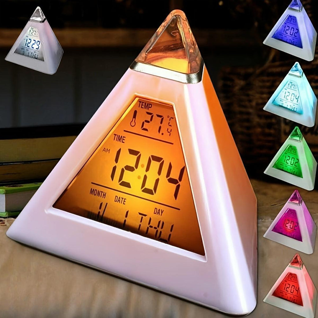 Battery-Operated LED Digital Alarm Clock Featuring a Quiet Pyramid Design, Night Light, Music, Snooze Function, And 7 Color-Changing Options, Perfect for Decorating Your Bedroom Or Office Desk. - Buy online at  Vibe In Cart.
