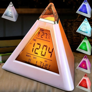 Battery-Operated LED Digital Alarm Clock Featuring a Quiet Pyramid Design, Night Light, Music, Snooze Function, And 7 Color-Changing Options, Perfect for Decorating Your Bedroom Or Office Desk. - Buy online at  Vibe In Cart.