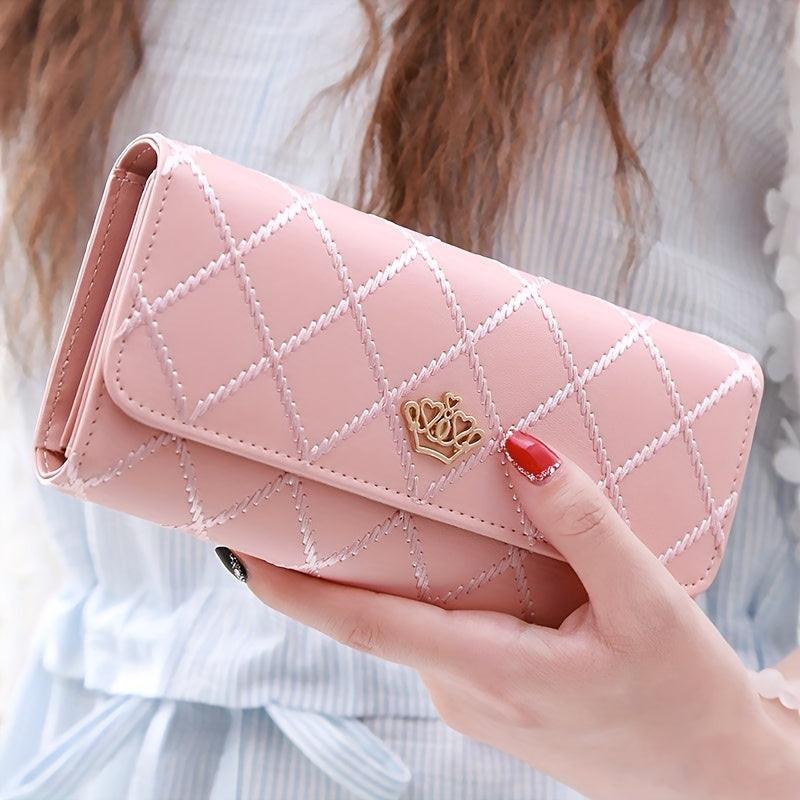 Women's Large-Capacity Tri-Fold Wallet with Zipper Closure - Elegant Rhombus Metal Crown & Design, Long Mini Leather Purse,  Leather Casual/Professional Wallet for Cash, Cards, IDs ( Zipper Pocket) - Buy online at  Vibe In Cart.
