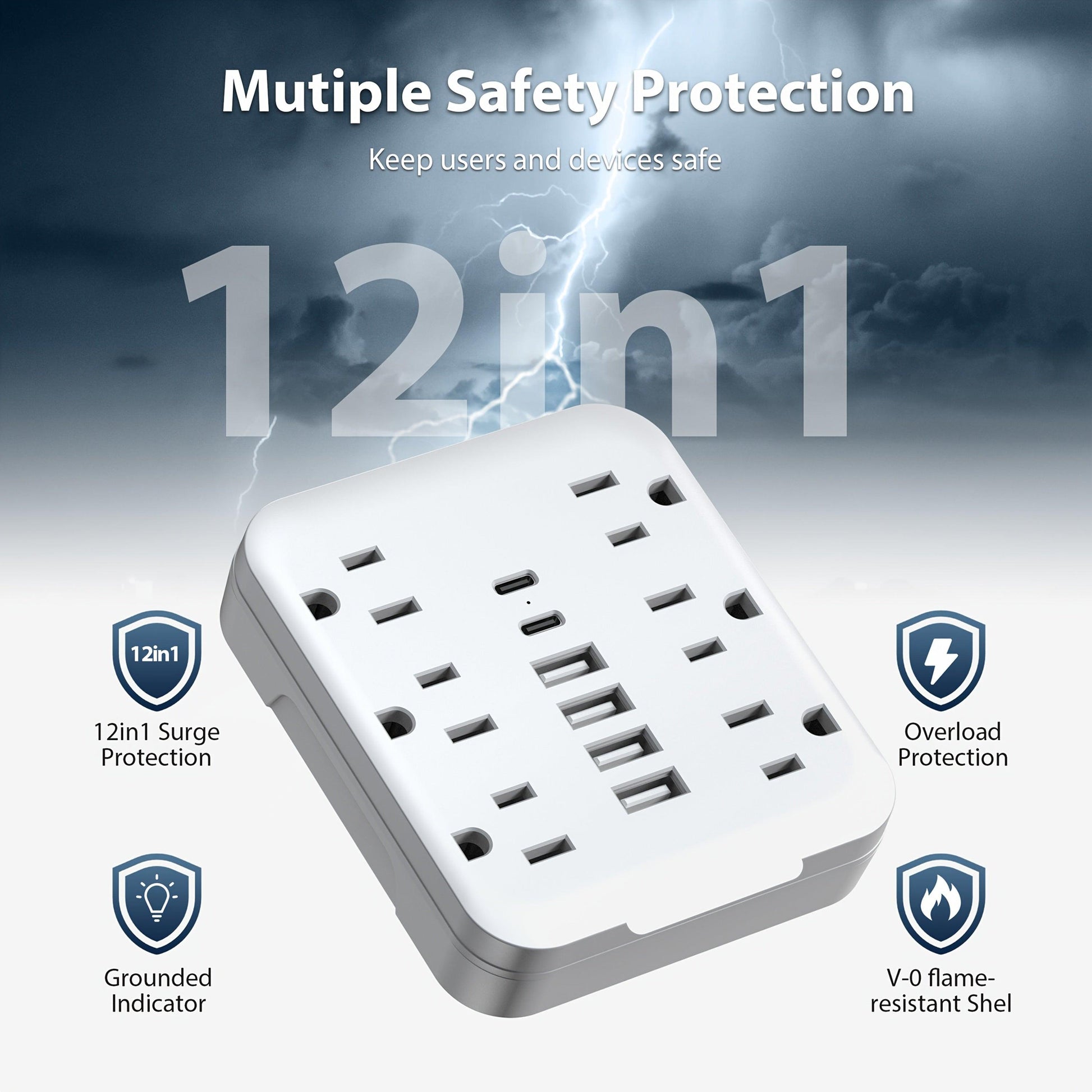 [12-in-1 Mini Power Adapter] 12-in-1 Mini Power Adapter | 6 AC Outlets, 4 USB, 2 Type-C | Sturdy, Durable, Portable | Multi-Outlet Wall Socket | Travel, Office, Home | Black & White - Buy online at  Vibe In Cart.