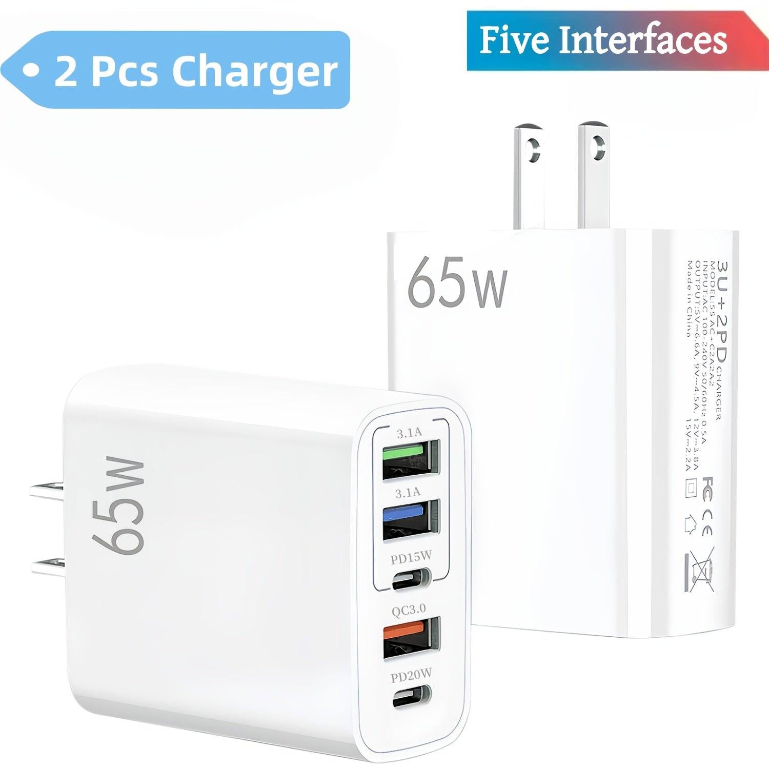 2/4pcs 20W USB C Fast Charger, Wall Charger Block, 5 Port Power Adapter with Data Cable, Compatible with Various Types Of Mobile Phones, White(The Five Ports Add Up to 65W) - Buy online at  Vibe In Cart.