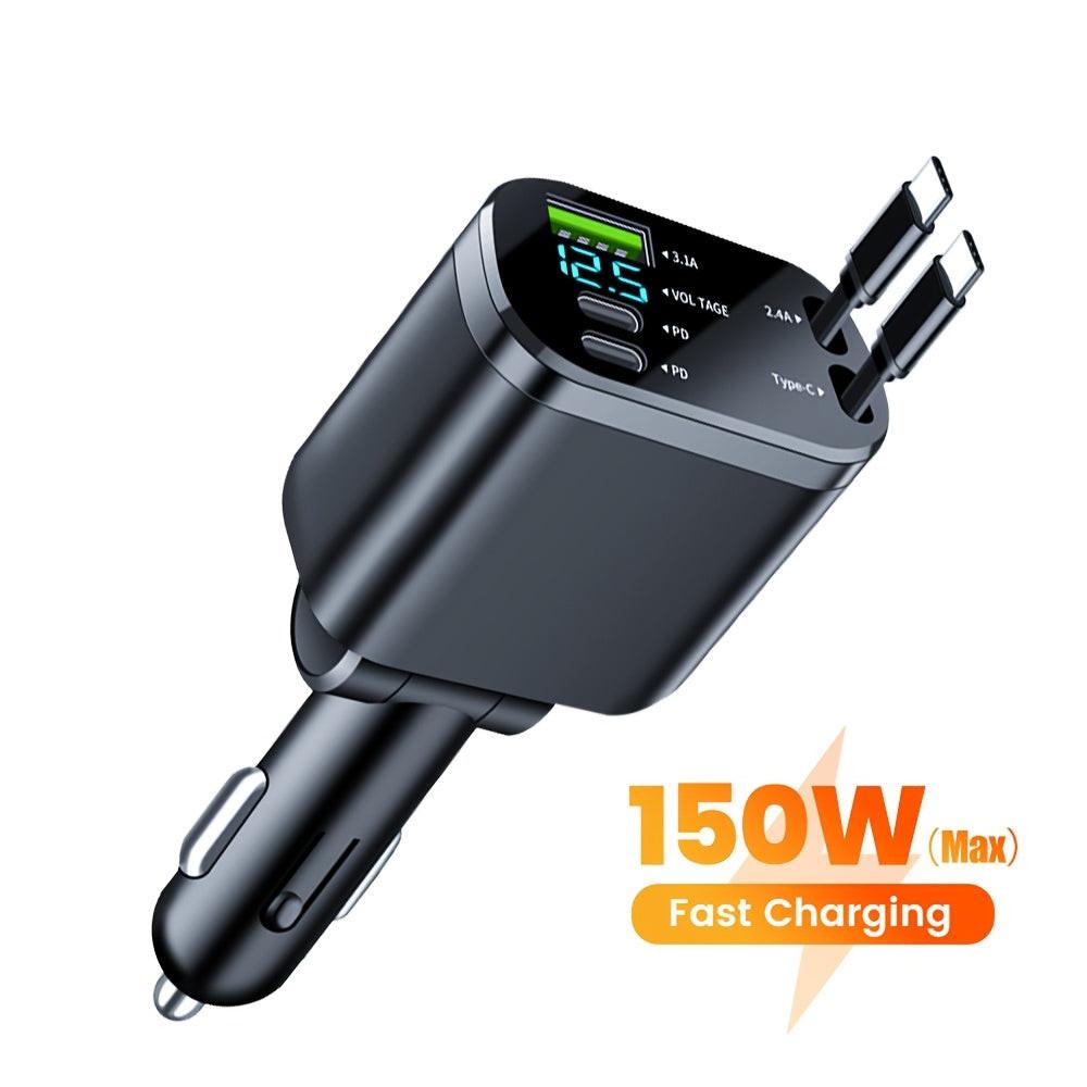 [150W 5-in-1 Car Charger] 5-in-1 150W M4 Foldable Car Charger | Dual Stretch Cable with LED Display, USB-C PD Fast Charging, Multi-Port USB Charging for Android Phones, Travel Adapter for Vehicles - Buy online at  Vibe In Cart.