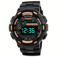 [HONORX Digital Sports Watch] HONORX Digital Sports Watch | Sleek Black with Rose Golden Accents, Silicone Band, Battery-Powered, Non-Waterproof, Casual Style with Easy-to-Read Display - Buy online at  Vibe In Cart.