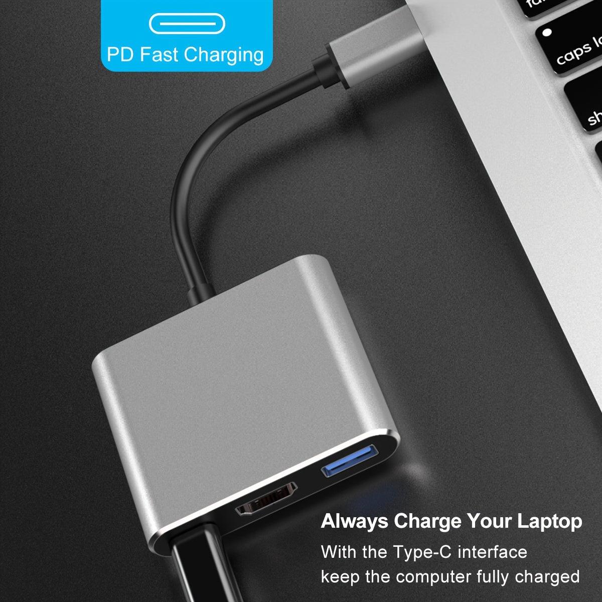 [3-in-1 USB C Hub] 3-in-1 USB C Hub | Thunderbolt 3 to HDTV 4K Output, USB 3.0 Port & 60W PD Charging, Compact Metal USB-C Adapter for MacBook Pro/Air, Galaxy S8/S9, Laptops - Buy online at  Vibe In Cart.
