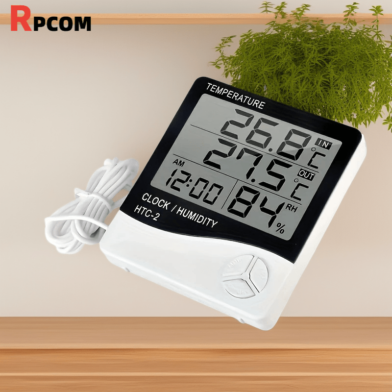 HTC-2 Temperature And Humidity Monitor with Clock, Alarm, And Calendar, Digital Thermometer Hygrometer for Indoor And Outdoor Use, Includes Back Stand for Home Or Office - Buy online at  Vibe In Cart.