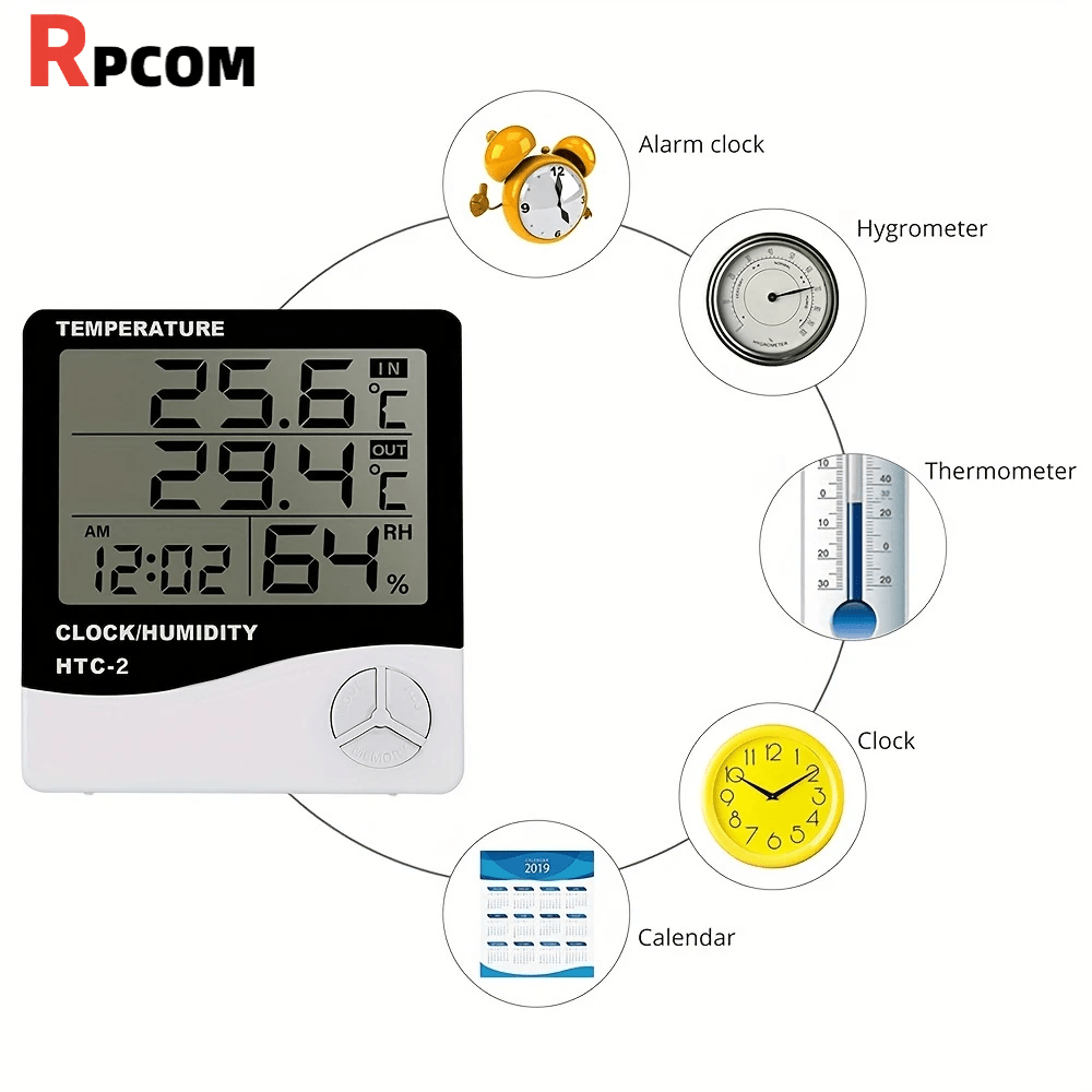 HTC-2 Temperature And Humidity Monitor with Clock, Alarm, And Calendar, Digital Thermometer Hygrometer for Indoor And Outdoor Use, Includes Back Stand for Home Or Office - Buy online at  Vibe In Cart.