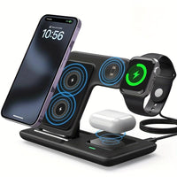 Foldable 3-in-1 Wireless Charging Station for Multiple Devices | Fast Charger Stand Dock for iWatch Series 9 8 7 6 SE 5 4 3 2, Ultra Airpods Pro 3 2, for iphone 17/16/15/14/13/12/11 - Magnetic Connector, USB Power, Brand: MIN - Buy online at  Vibe In Cart.