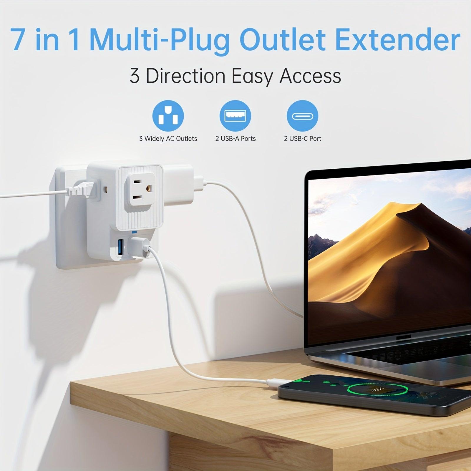 Portable Multifunction 7-in-1 Multi-Plug Outlet Extender with 3 Wide AC Outlets, 2 USB-A Ports and 2 USB-C Ports, Compact Power Strip Outlet Extender for Travel Home Office Dorm Essentials - Buy online at  Vibe In Cart.