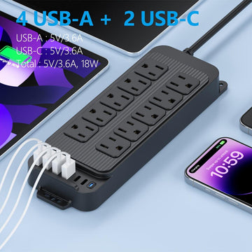 Compact Surge Protector Power Strip with 10 Outlets & 6 USB Ports (2 USB-C), 4ft Thin Flat Extension Cord, Ideal for Home, Office, Travel, and Dorm Use - US Plug, 110V-130V - Buy online at  Vibe In Cart.