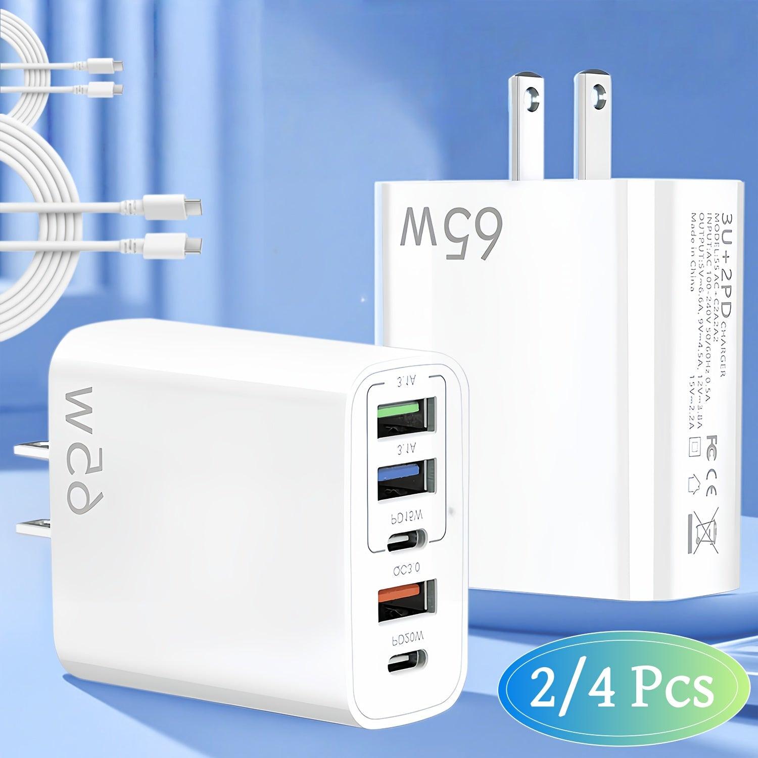 2/4pcs 20W USB C Fast Charger, Wall Charger Block, 5 Port Power Adapter with Data Cable, Compatible with Various Types Of Mobile Phones, White(The Five Ports Add Up to 65W) - Buy online at  Vibe In Cart.