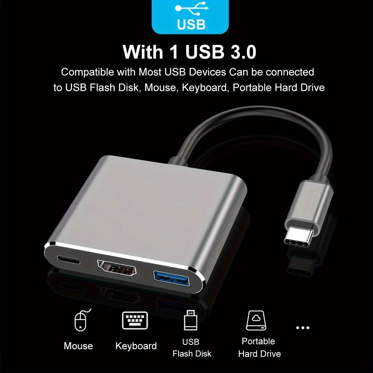 [3-in-1 USB C Hub] 3-in-1 USB C Hub | Thunderbolt 3 to HDTV 4K Output, USB 3.0 Port & 60W PD Charging, Compact Metal USB-C Adapter for MacBook Pro/Air, Galaxy S8/S9, Laptops - Buy online at  Vibe In Cart.