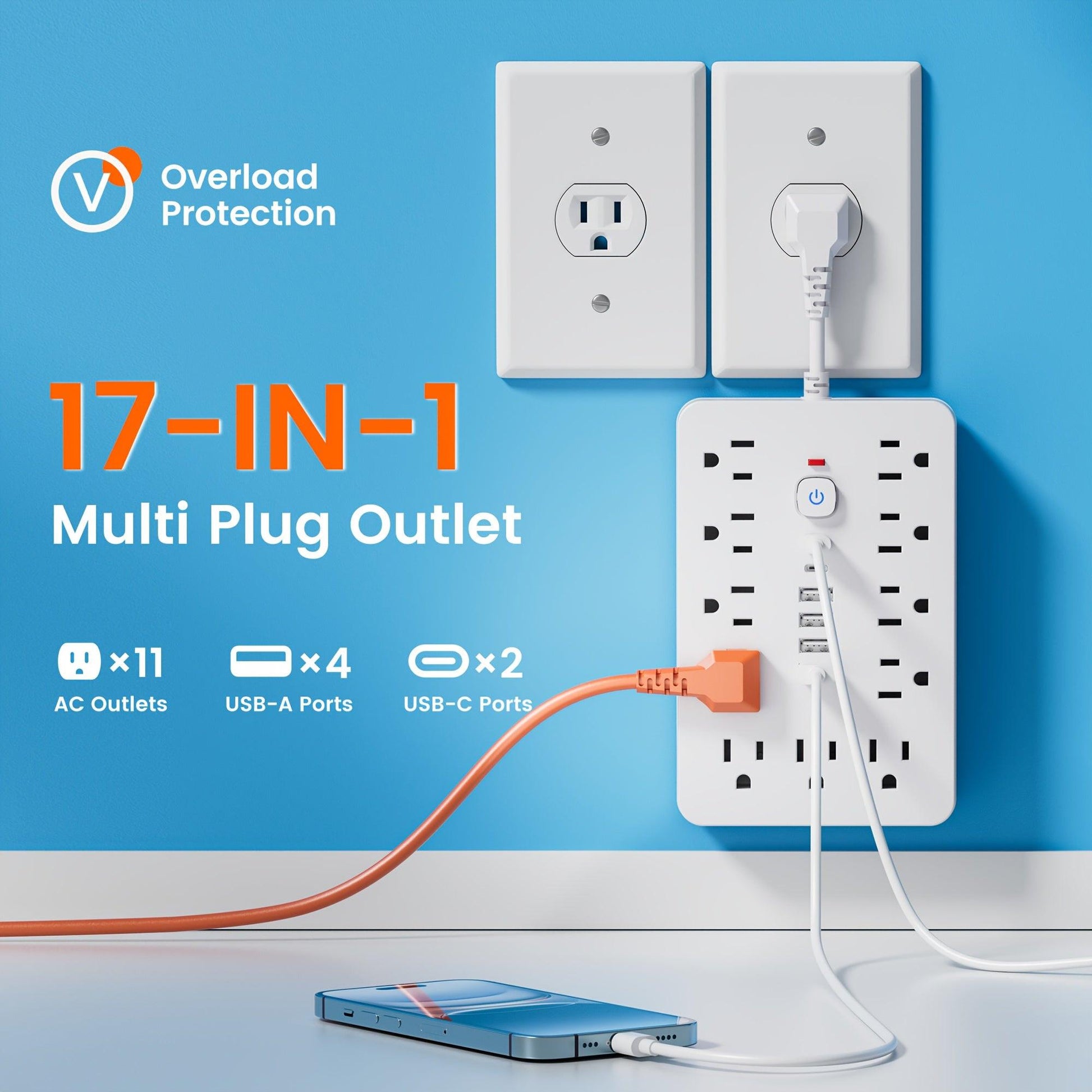 1pc Multi-Functional Surge Protection Power Strip With USB Port - 11 AC Outlets With 4 USB-A Ports And 2 Type-C Ports And Short Cord/5 FT/10 FT Extension Cord - For Office, Study, Home, And School Use - Power Socket With Over - Buy online at  Vibe In Cart.