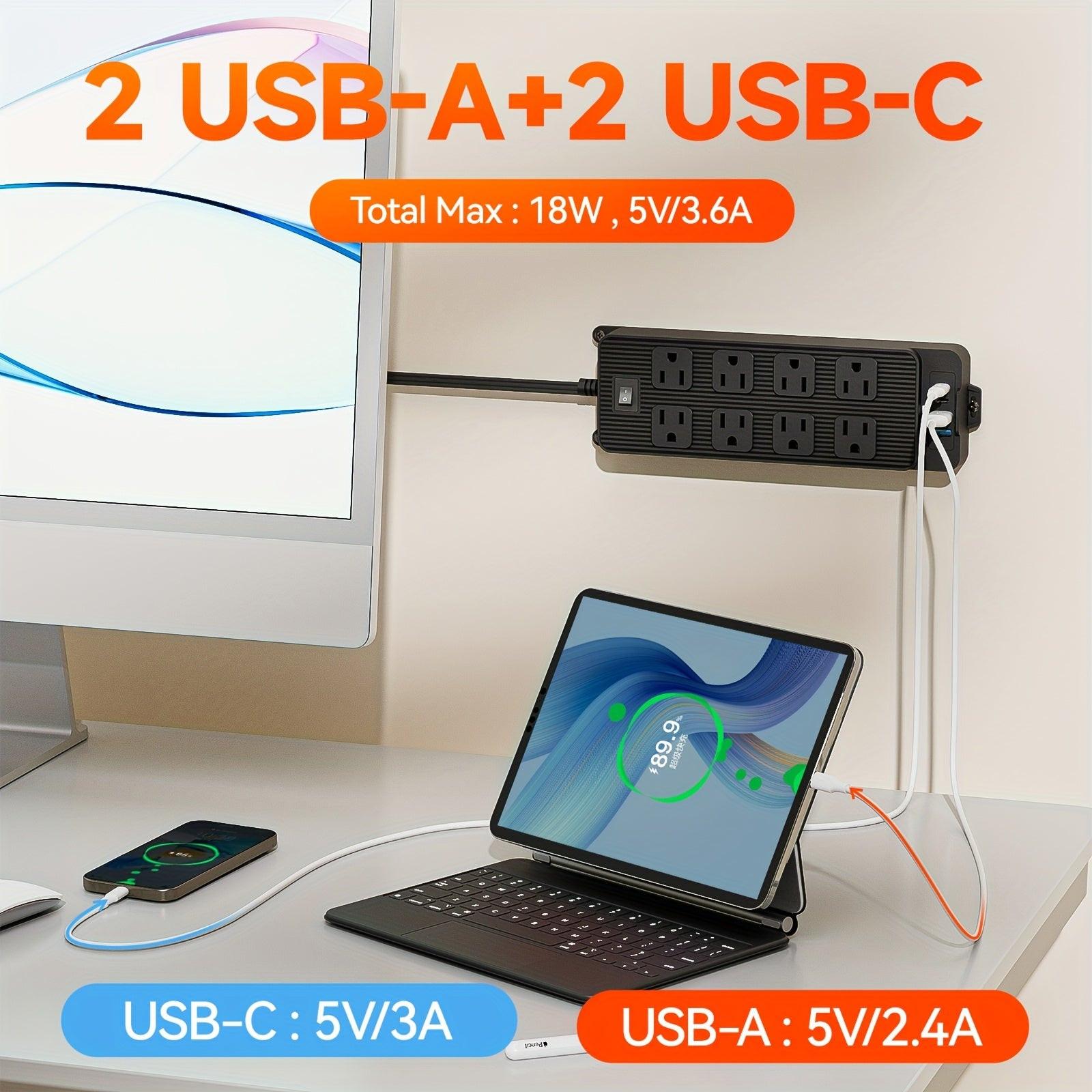 Power Strip with Surge Protection Featuring a 5 Ft/10 Ft Flat Extension Cord, 8 AC Outlets, And 4 USB Ports (2 USB A And 2 USB C), Designed As a Compact Charging Station for Desks, Suitable for Home, Dorm, Office, And Travel - Buy online at  Vibe In Cart.