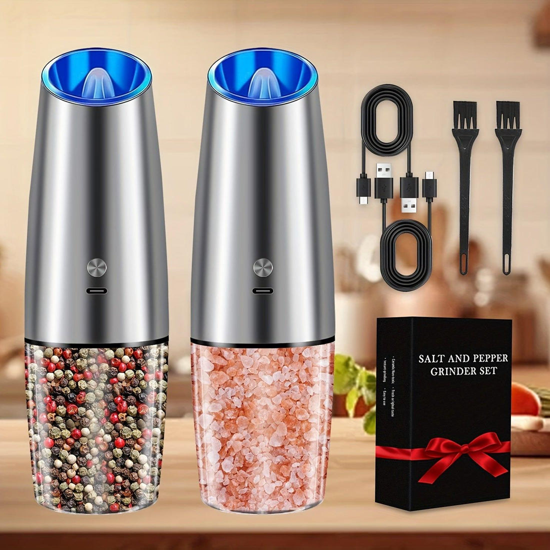 USB Rechargeable Salt and Pepper Grinder Set with Adjustable Coarseness, LED Light Indicator, One-Hand Operation, Stainless Steel Body, Includes 2 Charging Cables - Ideal for Efficient Spice Grinding, Spice Grinder, XWXO - Buy online at  Vibe In Cart.