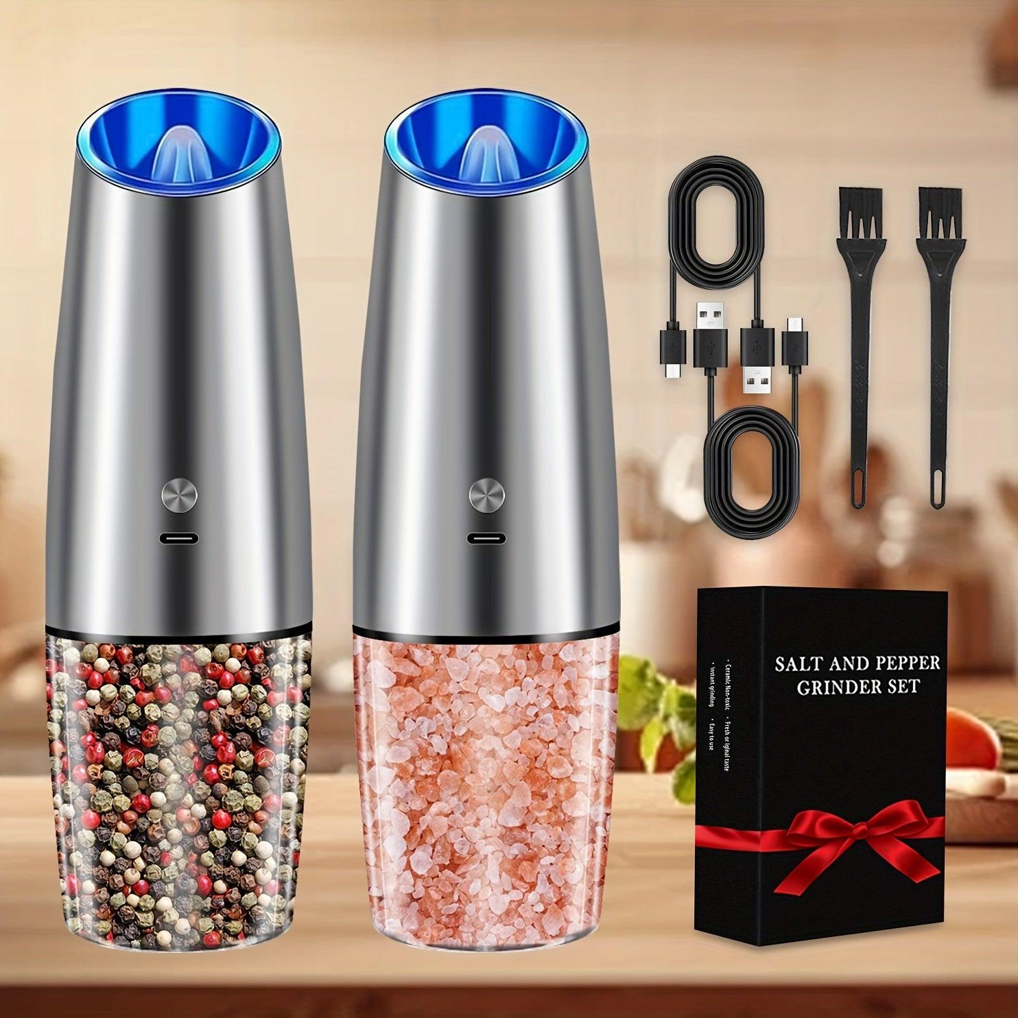 USB Rechargeable Salt and Pepper Grinder Set with Adjustable Coarseness, LED Light Indicator, One-Hand Operation, Stainless Steel Body, Includes 2 Charging Cables - Ideal for Efficient Spice Grinding, Spice Grinder, XWXO - Buy online at  Vibe In Cart.