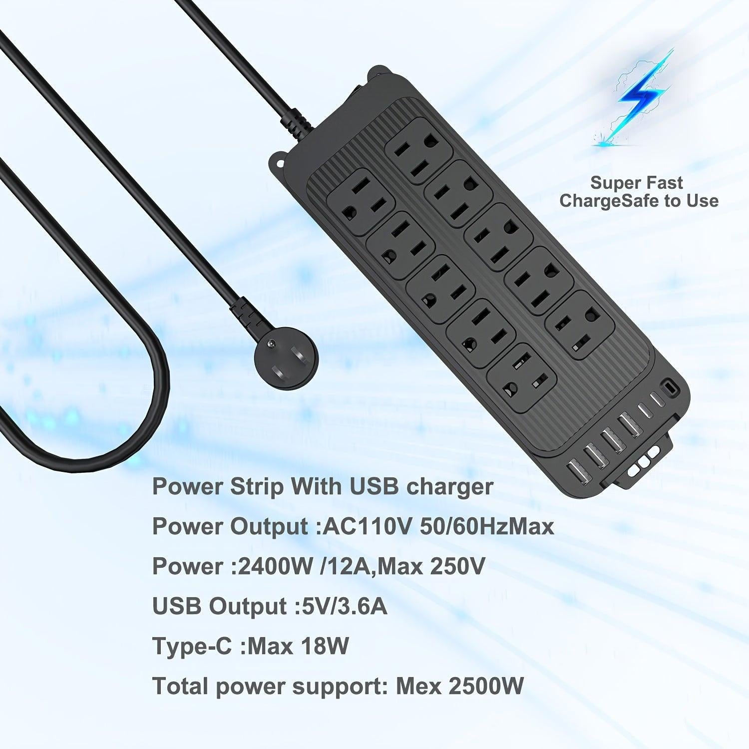 Power Strip Surge Protector - 10 Widely Spaced Outlets 6 USB Charging Ports, 4Ft Extension Cord, Flat Plug, Overload Surge Protection, Wall Mount For Home Office - Buy online at  Vibe In Cart.
