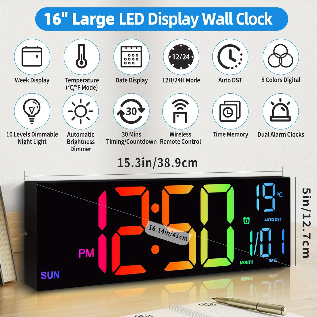 16.2'' Large Digital Wall Clock with Remote Control | Big LED, Dual Alarm, 8 RGB Colors, Auto Brightness, Date, Auto DST, Temperature, Night Light, Gym Clock for Living Room, Bedroom, Office Wall Decor - Maxstar - Buy online at  Vibe In Cart.
