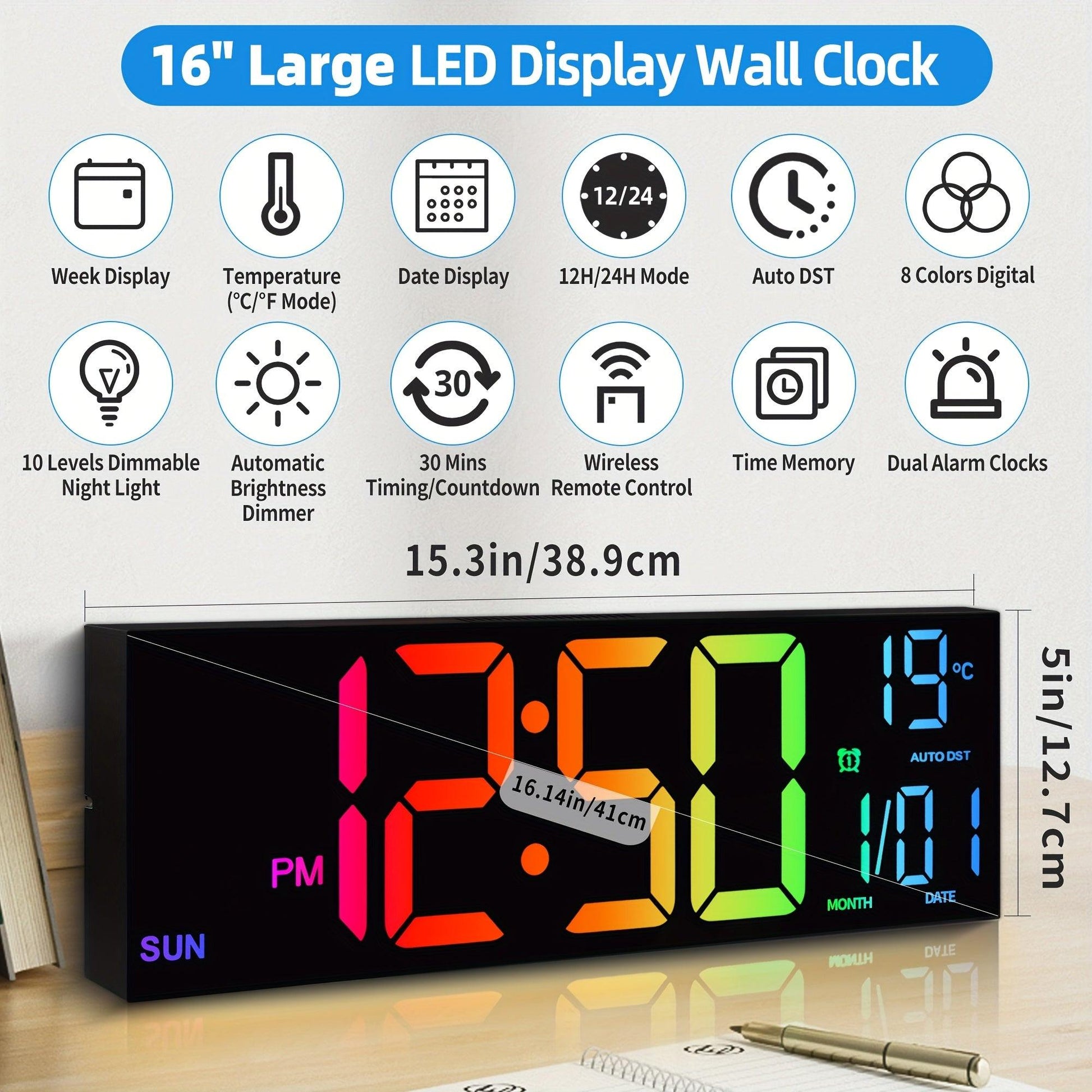 16.2'' Large Digital Wall Clock with Remote Control | Big LED, Dual Alarm, 8 RGB Colors, Auto Brightness, Date, Auto DST, Temperature, Night Light, Gym Clock for Living Room, Bedroom, Office Wall Decor - Maxstar - Buy online at  Vibe In Cart.