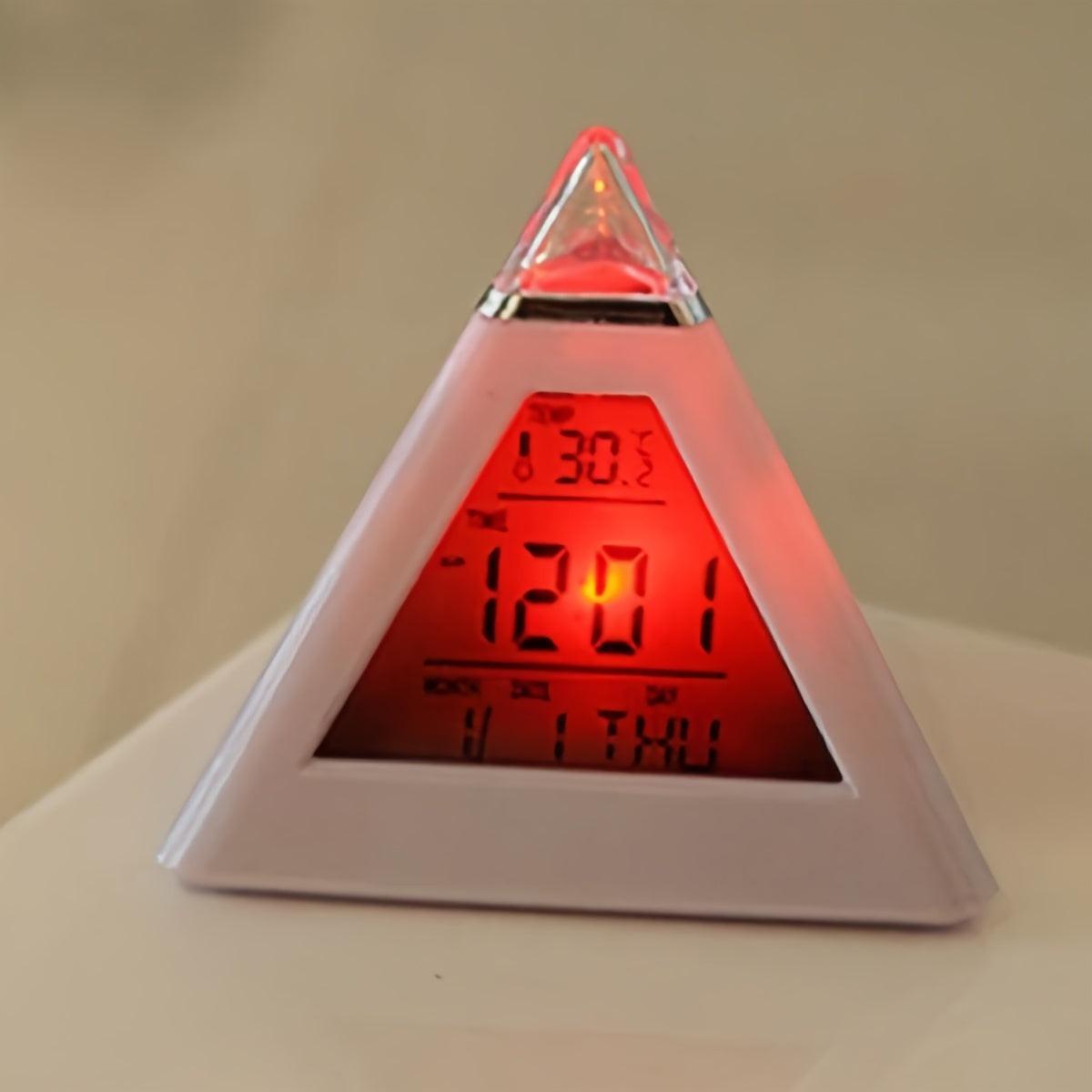 Battery-Operated LED Digital Alarm Clock Featuring a Quiet Pyramid Design, Night Light, Music, Snooze Function, And 7 Color-Changing Options, Perfect for Decorating Your Bedroom Or Office Desk. - Buy online at  Vibe In Cart.