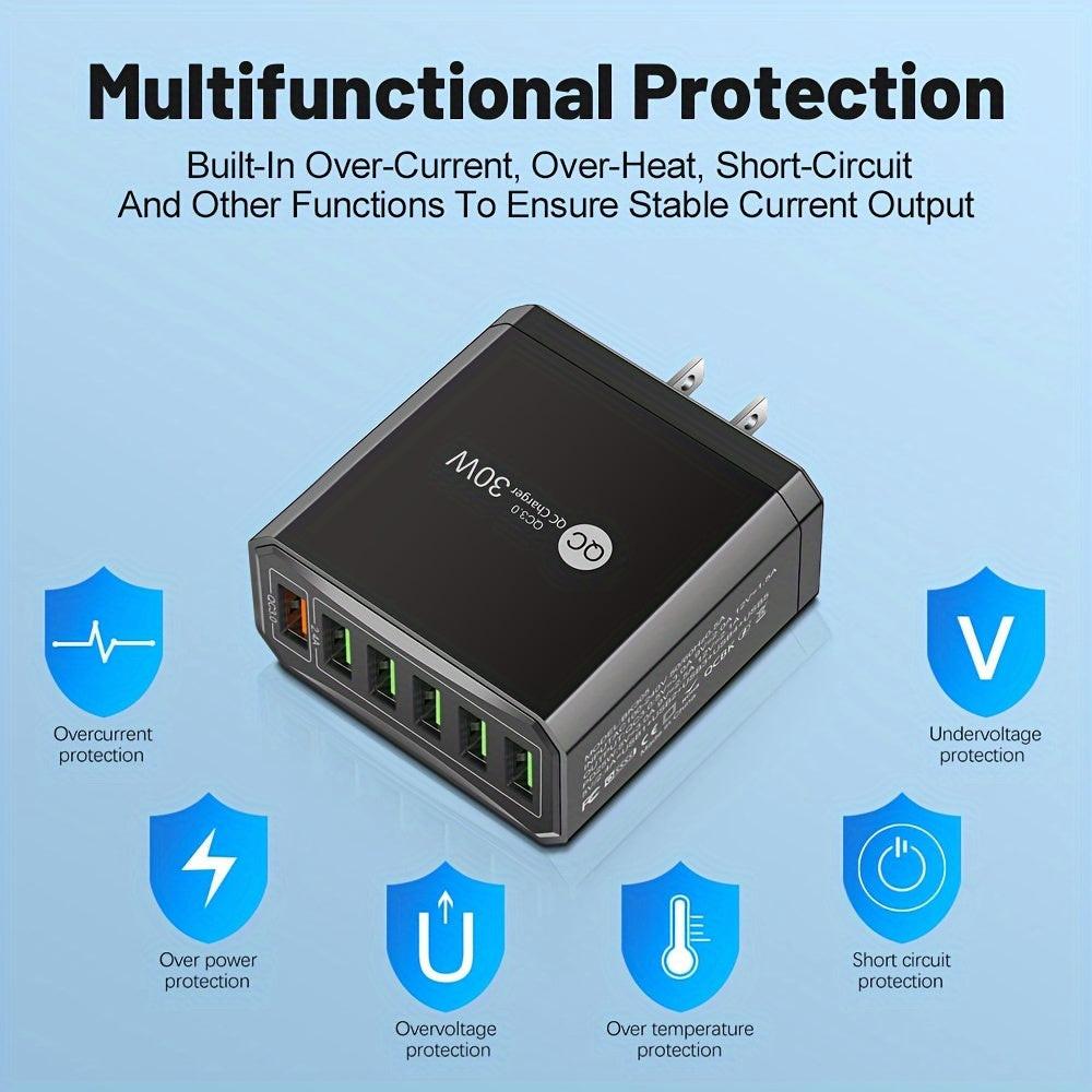 6-Port USB 30W QC3.0 Fast Charging Adapter for Mobile Phones, US Plug Quick Charge Adapter, Portable Travel Wall Charger - Buy online at  Vibe In Cart.