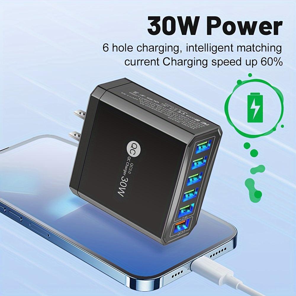 6-Port USB 30W QC3.0 Fast Charging Adapter for Mobile Phones, US Plug Quick Charge Adapter, Portable Travel Wall Charger - Buy online at  Vibe In Cart.