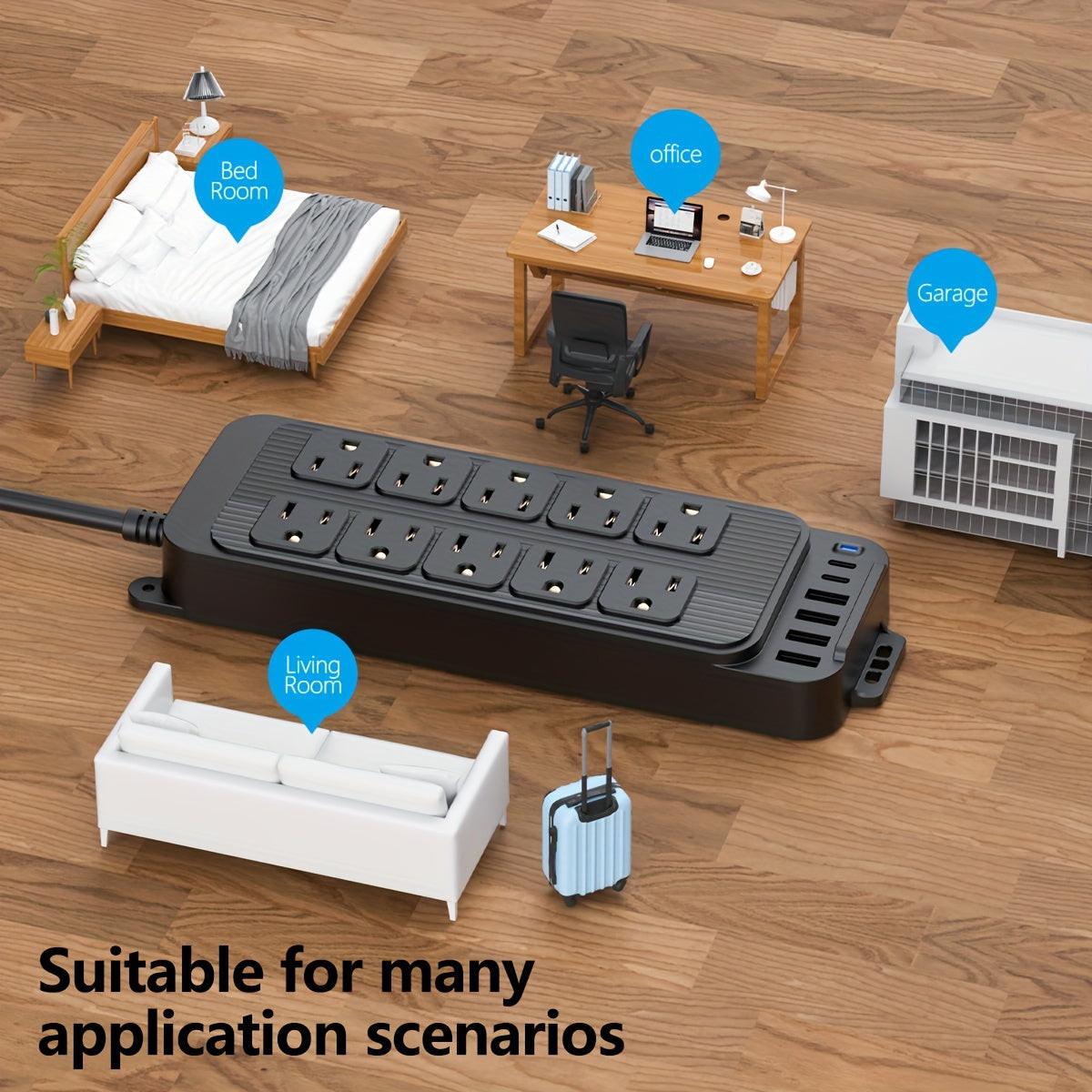 Compact Surge Protector Power Strip with 10 Outlets & 6 USB Ports (2 USB-C), 4ft Thin Flat Extension Cord, Ideal for Home, Office, Travel, and Dorm Use - US Plug, 110V-130V - Buy online at  Vibe In Cart.