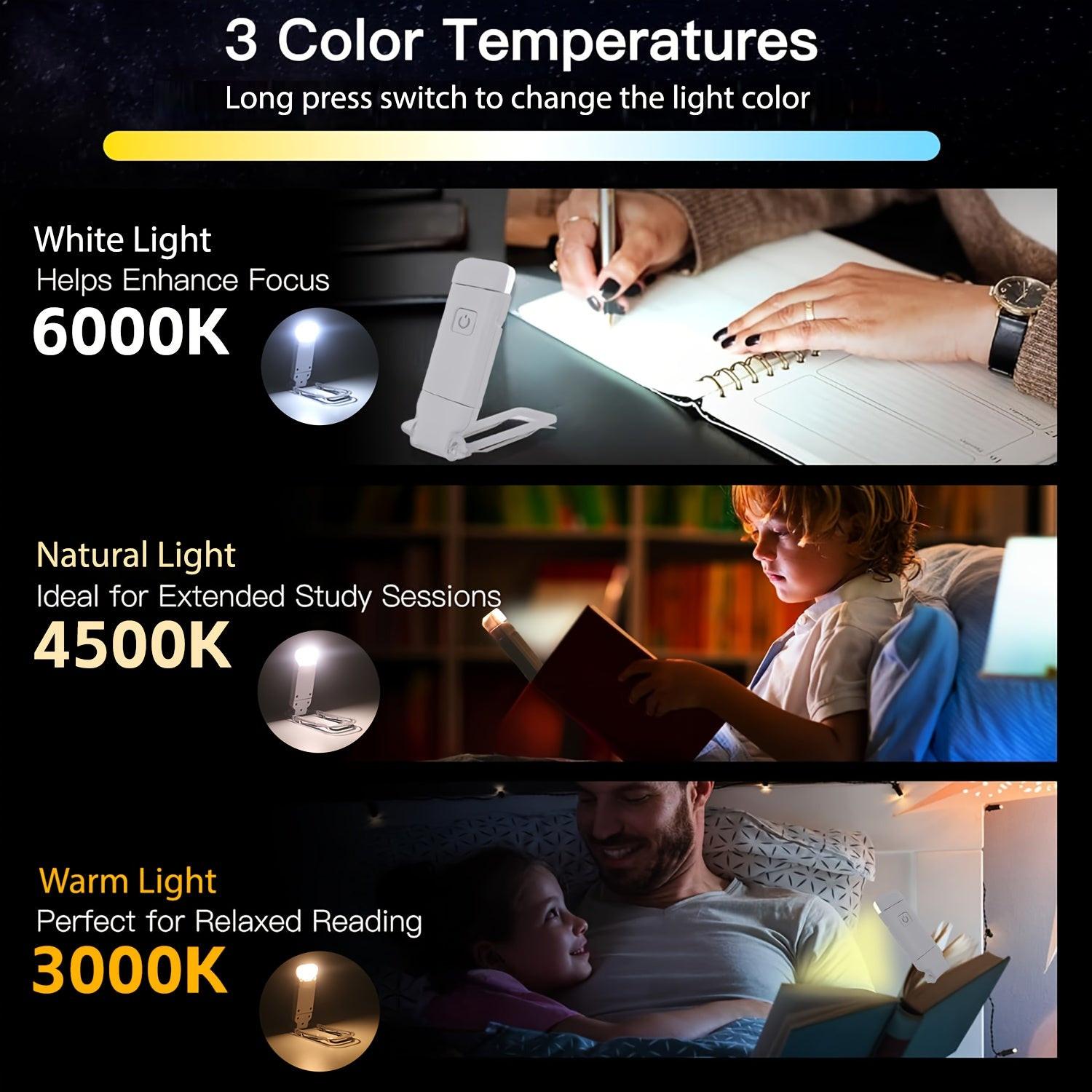 New USB Rechargeable Foldable Reading Lamp, Eye-Friendly Small Night Light for Reading, Suitable for Nighttime Use, with 3 Light Colors And 3 Adjustable Brightness Levels, White Casing, Book Clip, Portable And Easy to Store. - Buy online at  Vibe In Cart.